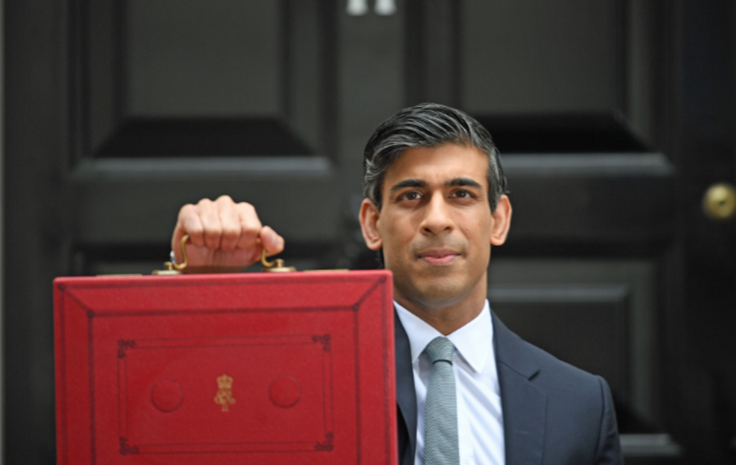 Rishi Sunak holding a red briefcase outside of 10 Downing Street