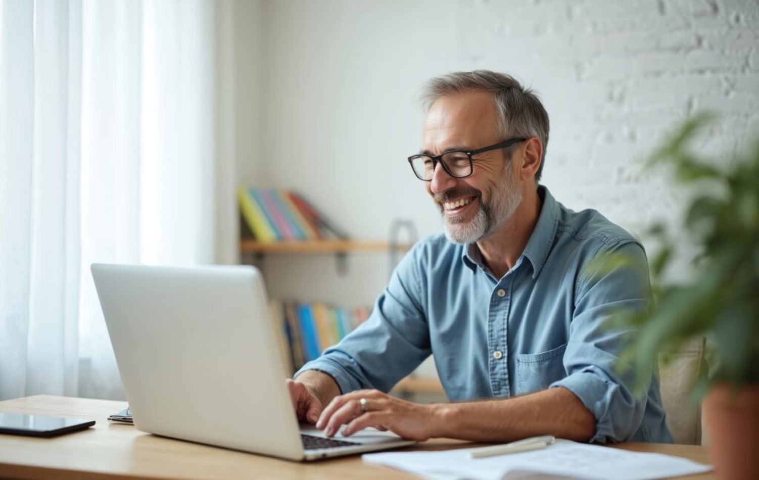 Man solo smiling at Laptop