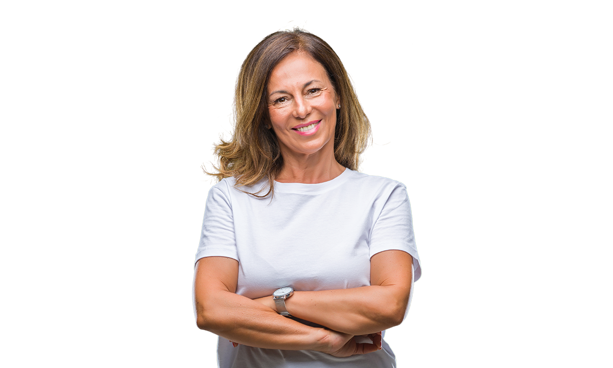 Woman stood with her arms folded, smiling