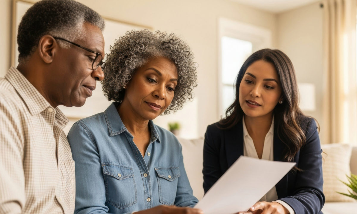 Senior man and woman speaking with an advisor