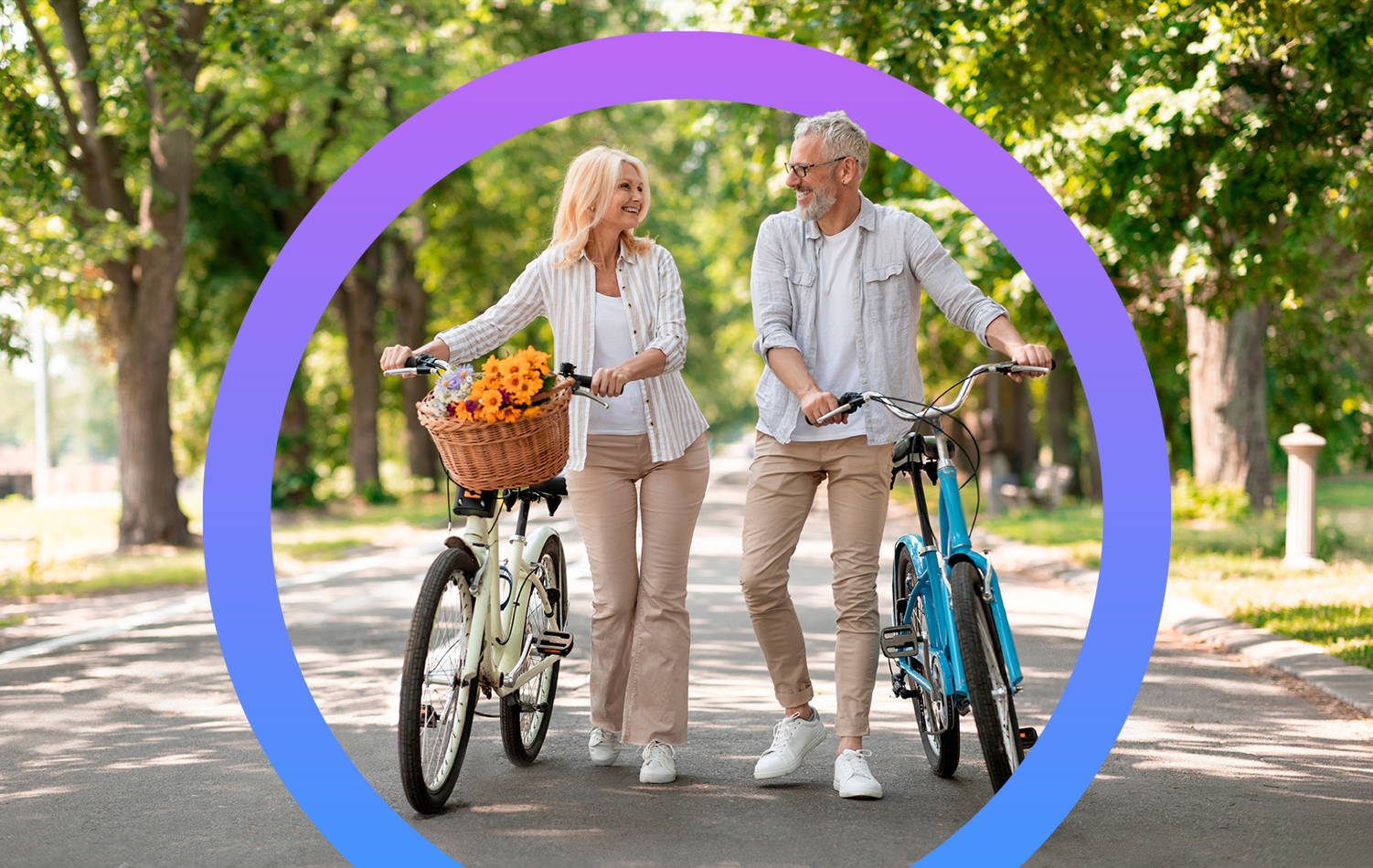 A senior couple walking their bikes down the road on a spring day with baskets full of flowers