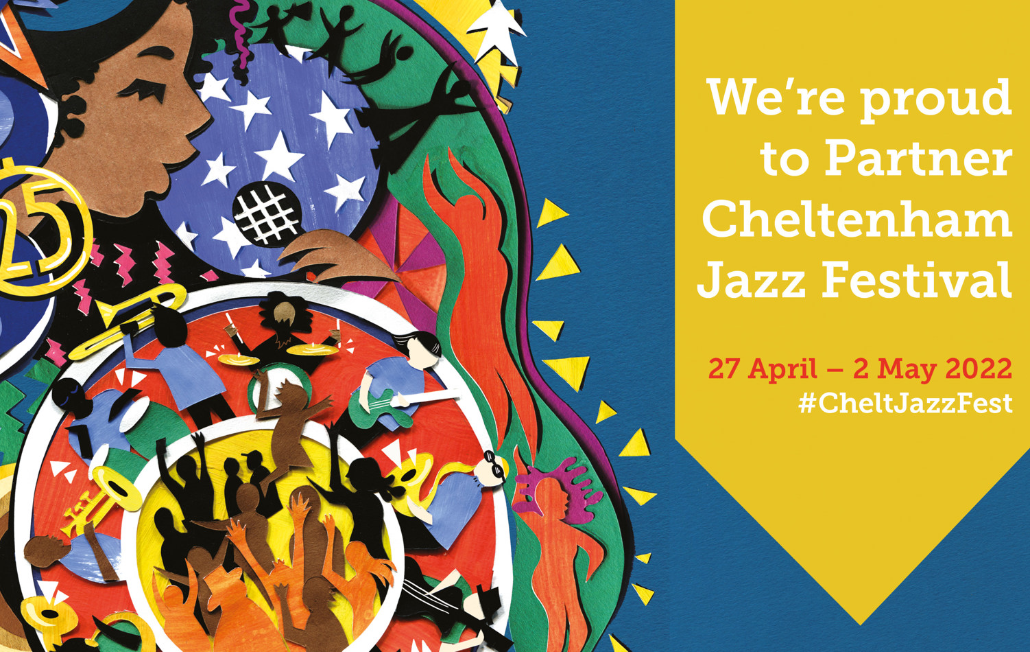 An image displaying Cheltenham Jazz Festival's poster with bright colours, instruments and pricing
